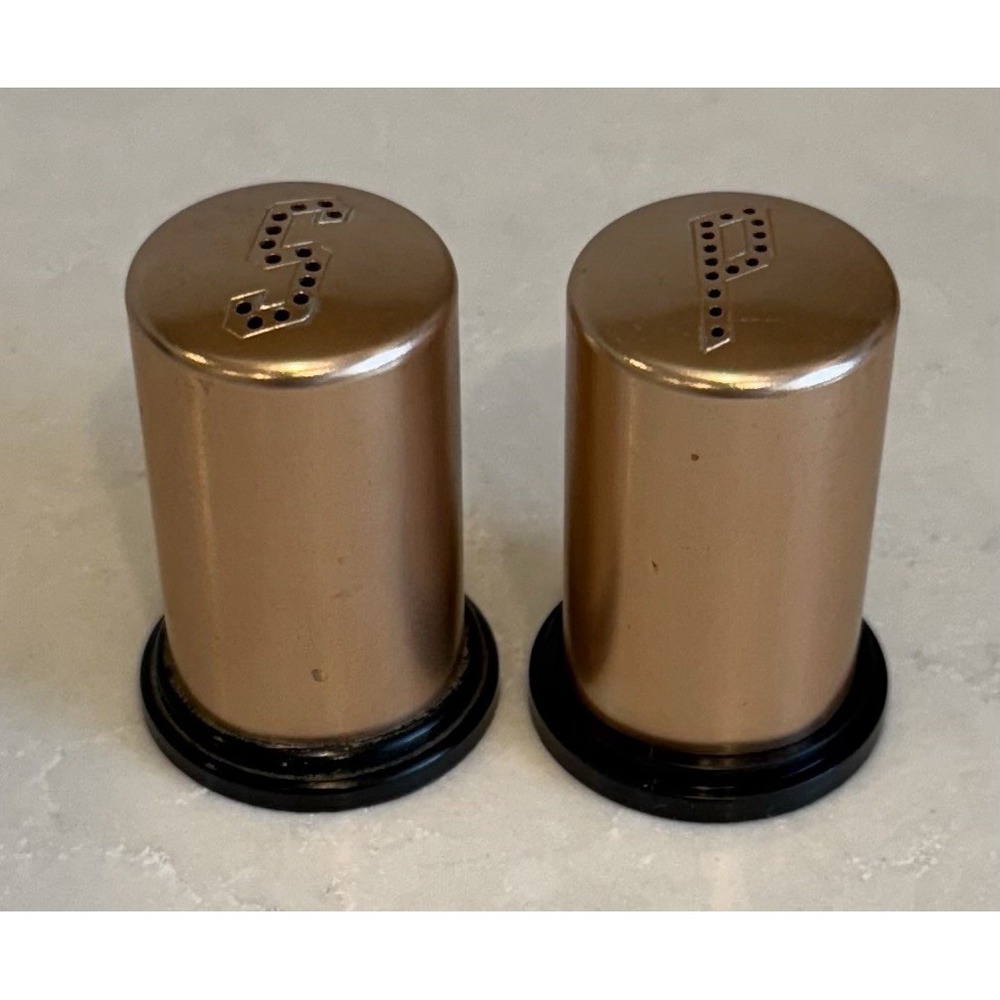 Mid-Century 1960s Salt Pepper Shakers Copper Black Bottom Stylized Initials Font
